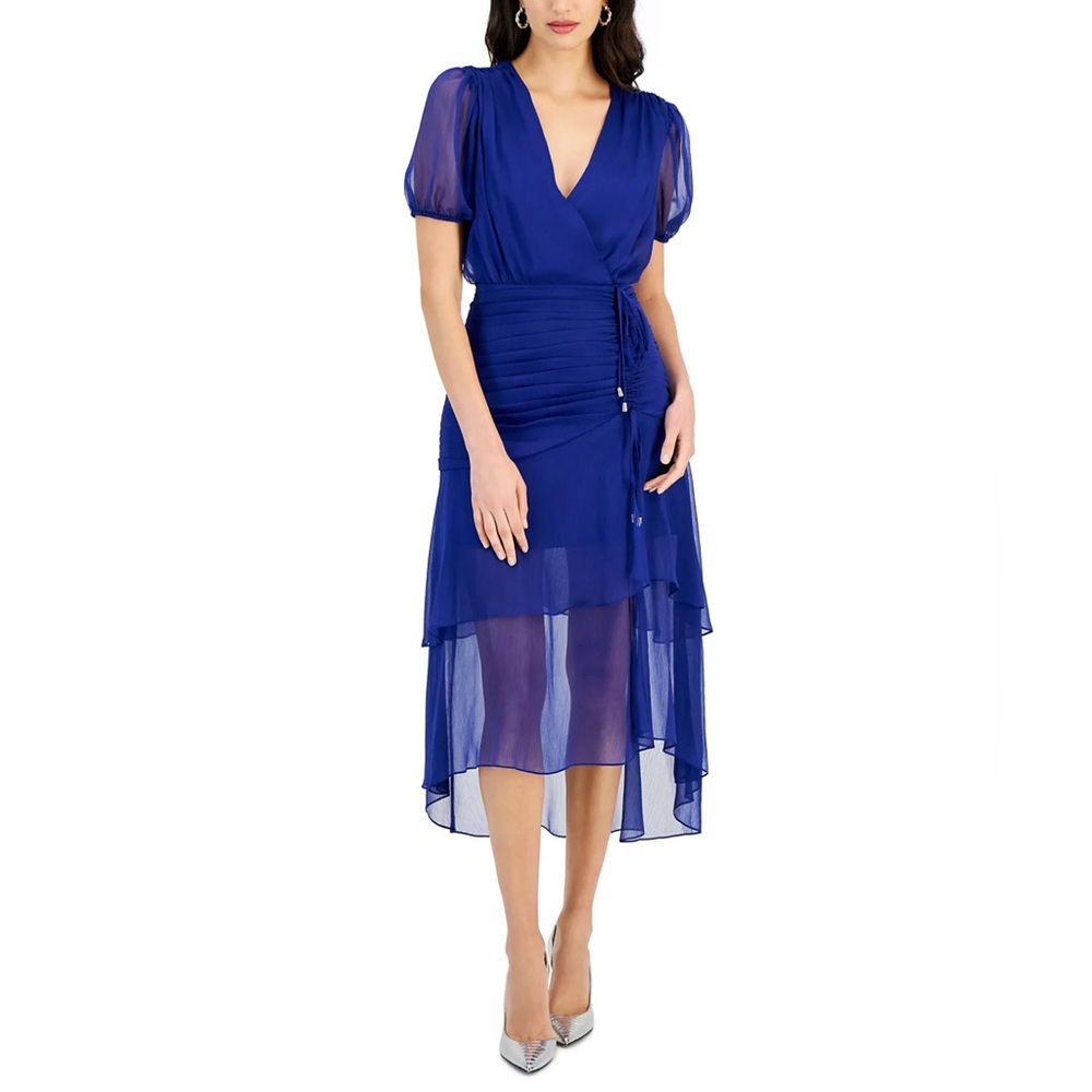 Tahari ASL Women's Blue Ruched Midi Dress Size 16